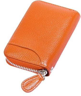 Womens Credit Card Holder Small Rfid Blocking Ladies Wallet with Stainless Steel Zipper Excellent Genuine Leather Accordion Wallets Case for Women ID Compact Slim Blocked Zip Accordian Cards Orange