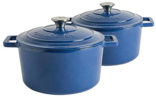 Argon Tableware 4.5L Round Cast Iron Casserole Dishes with Self-Basting Lids - Midnight Blue - 2 Pack Induction Hob Cooking 4.75QT Dutch Oven Bread Baking Serving Roasting Stew Stock Pot Cookware Pan