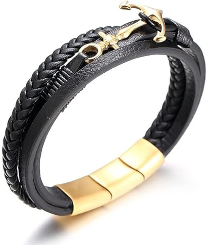 HALUKAKAH Plus ● Vela ● Pulsera Hombre Cuero Genuina Hecho a Mano Trenza Ancla Pulsera Cierre Magnético Dorado Mate de Titanio Acero Inoxidable Tamaño Ajustable 21.5-23cm con Caja de Regalo