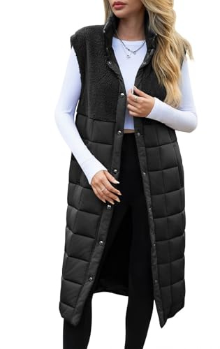 UMEKO Women's Long Puffer Vest Fleece Jacket Winter Button Down Sleeveless Coats