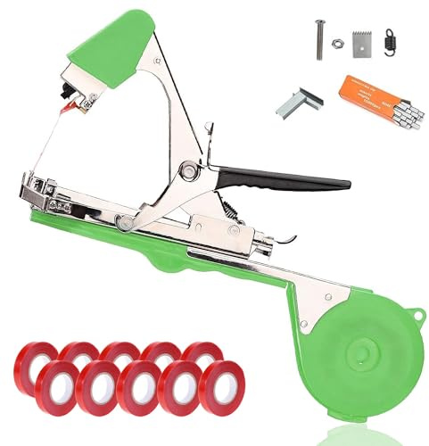 FISHTEC Pince à Lier - Outil a Main de Jardinage - Nouage/Liage de Plantes, Branches, Vigne, Arbres Fruitiers, Légumes, Fleurs - Palissage Rapide + 10 Rouleaux 30 mètres + Boîte 10000 agrafes