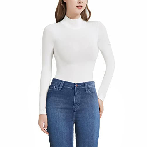 RoomTour Body sexy manches longues Femmes Bodysuit Thong sexy ajustée élégante col haut Couleur Blanc XXL