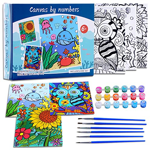3 Pack Paint by Numbers Kit for Kids Ages 8-12, 10*8 inch Color by Number for Kid Framed Canvas with 18 Acrylic Paint Pots and 6 Brushes, Paint by Number, Arts and Crafts Art Supplies for Kids 9-12