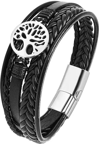JUZICHEN Bracelet Homme, Bracelet cuir pour hommes, Bracelets Croix Vie Viking Arbre De Vie, Brun Noire Bracelets crucifixion Homme (Style B, Argent)