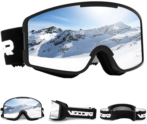 Vgooar Lunettes de ski, Masques de Ski à Lentille Cylindrique OTG avec Longues Sangles Réglables, Protection UV 100% Anti-buée, Lunettes de Neige pour Hommes et Femmes