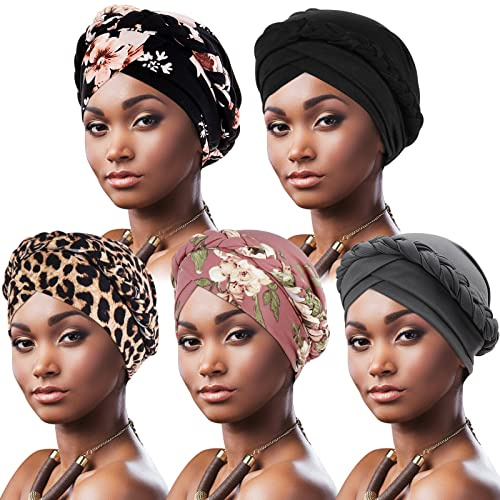 DRESHOW Donna Africane Turbante Pre-Legato Copricapo a treccia Testa Avvolge Cappello Boho Turbante Chemio Cap Elastico Annodato Berretto