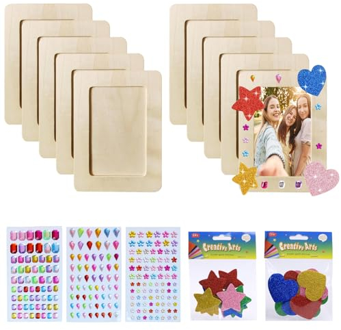 TOATELU 10 cornici portafoto per fai da te, in legno, con brillantini autoadesivi, adesivi a forma di stella, adesivi dell'amore, set di cornici per bambini, cornici in legno, fai da te