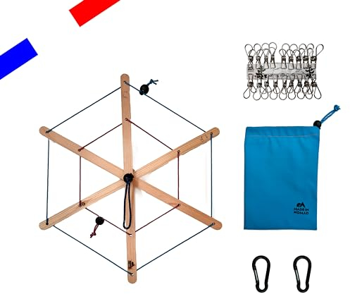 Snowflake: Stendi Calzini, Stendino da Viaggio con 18 Clip Mollette per Bucato, Portamollette Cestino, 2 Moschettone, Asciugatore salvaspazio, Campeggio Accessori Utili, Stendino Camper Made in France