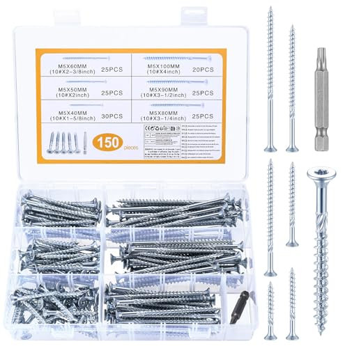 Set de 150 tornillos para madera, tornillos de terraza, tornillos de aglomerado con Torx, cabezas avellanadas, autorroscantes para techos y estructuras, M5 (azul y blanco)