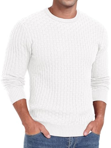 Sailwind - Jerséis de cuello redondo para hombre, suéteres de punto casuales de sarga con manga larga y borde acanalado, blanco, L