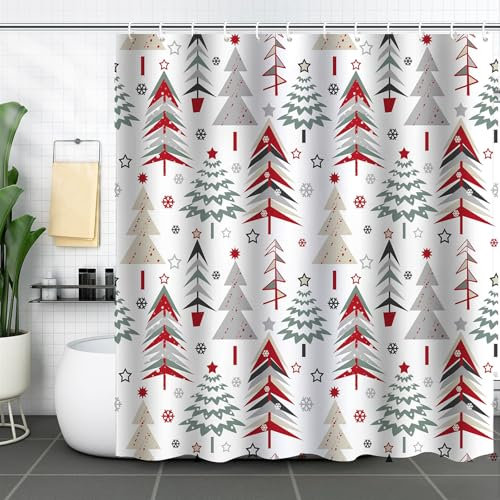 Inshere Christmas Shower Curtain Set with 12 Hooks, Christmas Tree Red Stars Snow Snowflake New Year Long Shower Curtain 72x72 Inch Waterproof Fabric