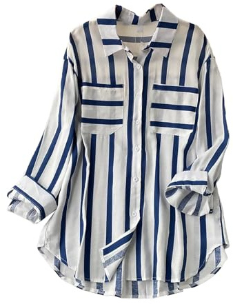 Chemise rayée à manches longues pour femme pour le travail - Rayures verticales - Décontractée - Manches longues - Chemise en coton pour femme - Blanc