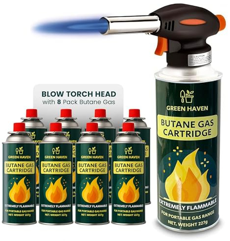 Green Haven Blow Torch for Cooking with 8 Butane Gas Canisters – Kitchen Torch with Adjustable Flame & Safety Lock, Crème Brûlée Torch for BBQ, Baking, Soldering & DIY