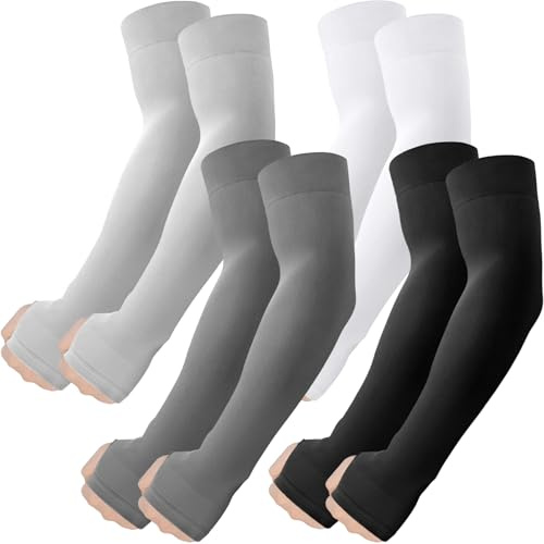 ROXUN 4 Pairs Arm Sleeves with Thumb Hole, Cooling UV Sun Protection Compression Tattoo Cover Up for Men/Women Black+White+Dark Gray+Light Gray