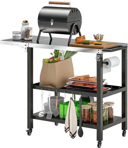 Outsunny Carrello per grigliate a 3 livelli Carrello di servizio per barbecue con ripiani su ruote Piano di lavoro in acciaio inox Lato pieghevole e maniglia Tavolo per forno da pizza per giardino