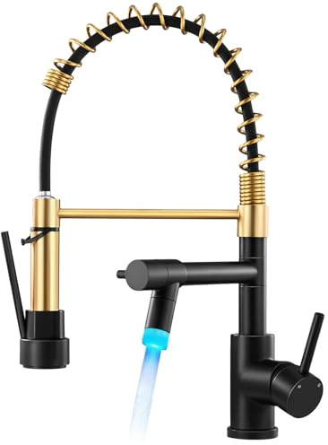 Warmiehomy LED Professionell Wasserhahn Küche,360° Schwenkbar Küchenarmatur mit Zwei Auslauf,Hoher Bogen Spiralfeder Brause Armatur Küche für Spültischarmatur,Schwarz und Gold