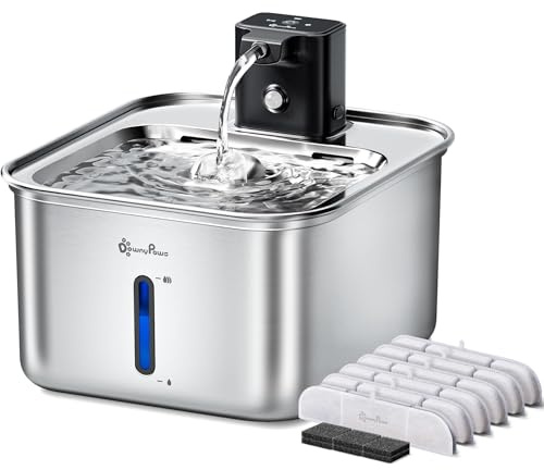 DownyPaws Cat Water Fountain Stainless Steel Wireless, 101 oz/3L FurSink Cordless Water Fountain for Cats, Battery Operated Cat Fountains for Drinking with Motion Sensor, Easy Clean, Metal & 6 Filters