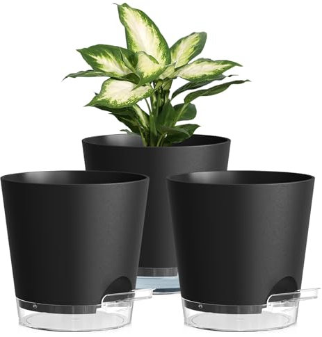 15cm Self Watering Plant Pots Indoor, 3 Pack Plastic Planters with Drainage Holes & Saucer, Ideal for All Indoor Outdoor House Plants(Black With Transparent Drainage)