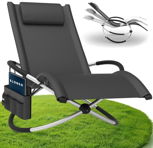 ELONEO Chaise Longue à Bascule Extérieure avec Pochette, Relax Fauteuil Jusqu’à 180 kg, Transat Bascule Jardin Résistant aux Intempéries, Bain de Soleil Balcon et Terrasse, à Anthracite