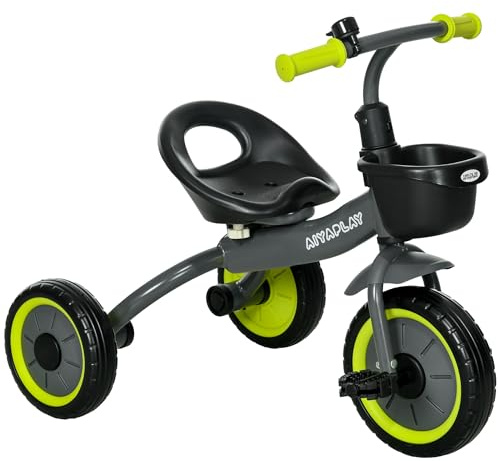 AIYAPLAY Triciclo para Niños de 2 a 5 Años Bicicleta Infantil con Asiento Ajustable Cesta Timbre Pedales y 3 Ruedas Carga 25 kg 70,5x53x58 cm Gris y Verde