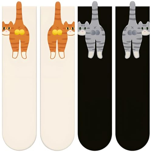 DIFLAX 2 Pares Calcetines Gato con Bolas, Calcetines Mujer, Divertidos, Algodón, 35-42, Regular, Multicolor, Mediano, Slouch Socks, Para Mujer