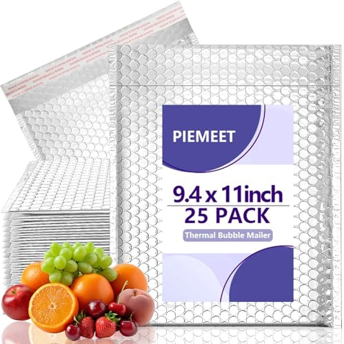 PIEMEET 25 Pack Thermal Bubble Mailer, 8 x 11Inch Foil Insulated Mailers, Self-Sealing Padded Envelopes, Waterproof Mailing Envelopes, Insulated Shipping Bags for Cold Shipping Food (Silver)