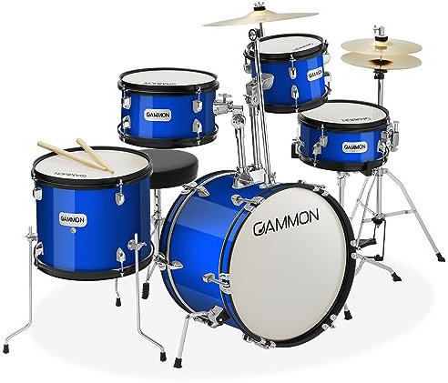 Gammon Percussion 5-Piece Kids Drum Set, Complete Junior Drum Kit with Cymbals, Hardware, Sticks, & Throne - Blue