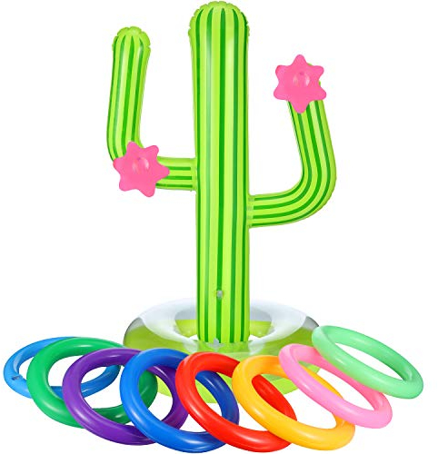 Blulu Cactus Gonfiabile Set di Giochi Anelli di Lancio Lancio Galleggiante dell'Anello di Nuoto Include Cactus Gonfiabile, Anelli Gonfiabili a Colori per Fiesta Party Piscina Giochi (9, Stile 1)