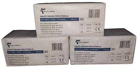 PintoMed - 3 Pack x Tamponi di Garza Non Sterili - 10cm x 10cm 8ply - Pack 200 x 3 = 600 unità - Gauze SWABS