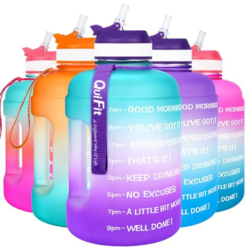 QuiFit 2.2 Litre Motivational Water Bottle - with Straw & Time Marker,Wide Mouth,BPA Free,Reusable,Ideal for Gym,Outdoor Sport,Home & Office (Green/Purple, 2.2 Liter)