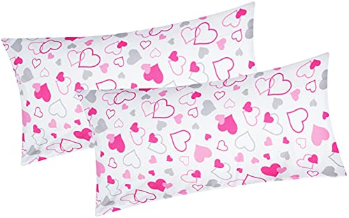 Baumwoll Renforcé Kissenbezug - 2er Set in 40x80cm - Kleine und große Herzen - Kopfkissen-Bezug, Kissenhülle, Dekokissenbezug aus 100% Baumwolle (KY-550/1-40x80)