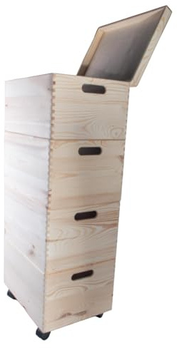 WooDeeDoo 4 Tier Large Wooden Stackable Storage Boxes | 40 X 30 X 99 cm | Top Box with Hinged Lid | Bottom Crate on Wheels | Unpainted Plain Decorative Pine
