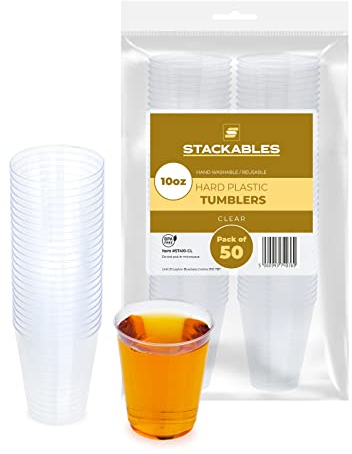 Stackables Lot de 50 gobelets en plastique rigide transparents de 300 ml pour eau, jus de fruits, réutilisables pour la maison, les restaurants et les fêtes