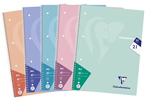 Clairefontaine 306256C - Paquet de 5 cahiers scolaires, DIN A4 21x29,7 cm, 160 pages, 90g, ligné, couleurs pastel assorties, 1 paquet