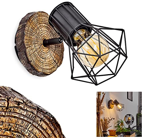 Vägglampa Bardhaman, justerbar vägglampa av metall i svart/träoptik, 1-lampa, 1 x E27, utan glödlampa, retro/vintage väggspot i rutnätsoptik med fantastisk ljuseffekt på väggen