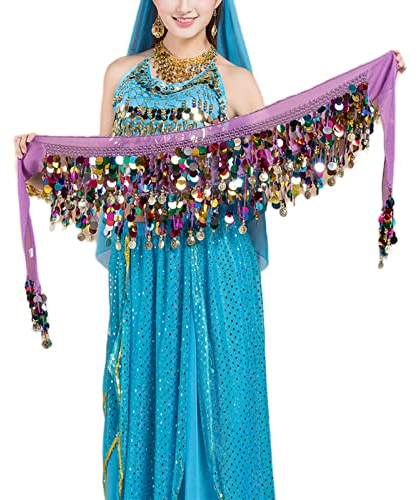 Floatdream Magdansbälte, Belly Sequins dans-bälte, Belly Dance magdans kostym höftduk, magdans, höftduk, för scen, födelsedag, festprestanda (lila), Chiffongtyg, En Storlek