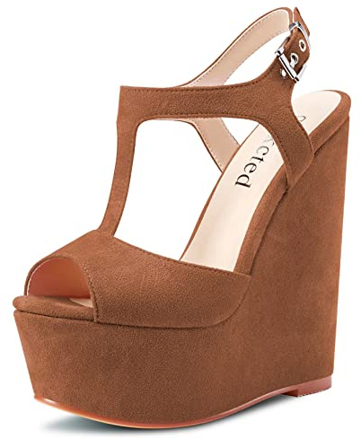 Saekcted Donna Alto High Zeppa Piattaforma Tacco Heel Aperte sulla Punta Sandali T-strap Cinturino alla Caviglia Fibbia Feste Dress Cute Scarpe Marrone A 40 EU