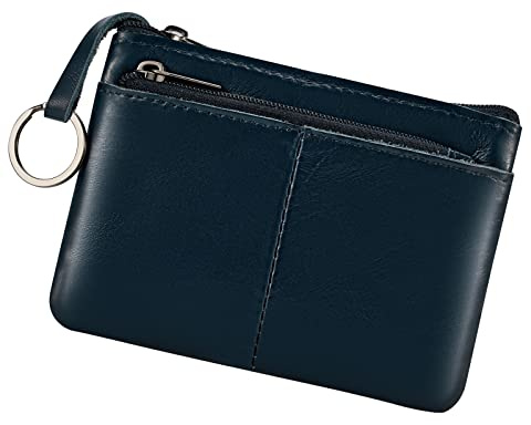 Porte-monnaie pochette portefeuille en cuir véritable à triple fermeture éclair avec porte-cartes et porte-clés, noir foncé, Pochette à monnaie