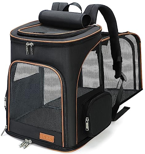 Lekereise Schwarzer Katzenrucksack für große Katzen und Hunde bis zu 9 - 11 kg, erweiterbarer Haustier-Tragerucksack mit Sicherheitsleine