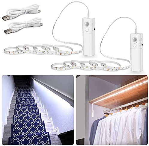 WOBANE Striscia LED Batteria Ricaricabile, 2 m Strisce Luci Led Sensore Movimento Bianco Freddo 6000 K, Luce Notturne Adesive per Armadio,Scale,Cucina, 2 PCS