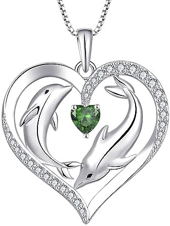Starnny Collier Femme Argent 925/1000, Pendentif Coeur animal Dauphin Pierre de naissance de mai Couleur émeraude pour Femme