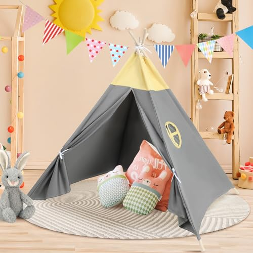 Pamatio Tipi-Zelt für Kinder, Tipi Kinderzelt, Kinderzelt für drinnen, Kindertipi Spielzelt, Spielzelt Kinder, Kinderzimmer Deko, Grau