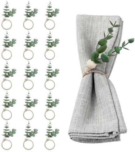 Eukalyptus Serviettenringe, 15 Stück Bauernhof Serviettenringe Tischdekoration, rustikale grüne Blatt Serviettenring Halter für Hochzeit Familie Abendessen Party Weihnachten Thanksgiving Day