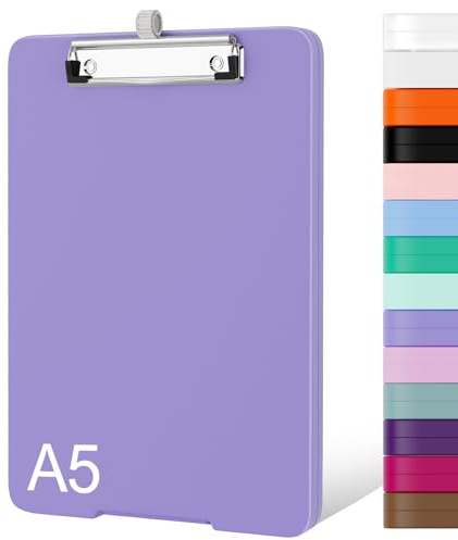 Piasoenc Kleines Klemmbrett mit Aufbewahrung, A5-Klemmbrett mit Stifthalter, Kunststoff-Klemmbrett mit niedrigem Profil-Clip für Krankenschwestern, Lehrer, Lawer, Lila