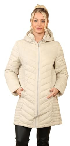 True Face Women's Long Quilted Puffer Jacket, Warm Hooded Winter Coat, Lightweight Casual Ladies' Lined Outerwear Beige M