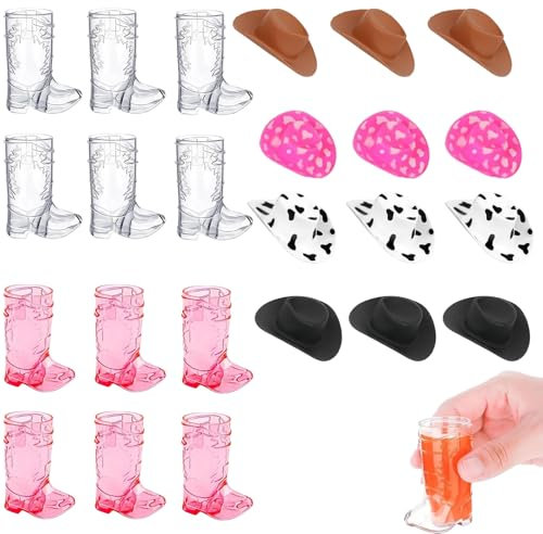 YouthLoxus Funny Cowboy Boot Shot Glasses Set of 24, Small Hot Pink Clear Wine Glasses, Durable Sturdy Mini Cowboy Hat for Theme Parties, Weddings