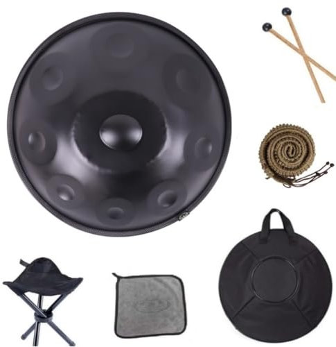 440 Hz 9-Ton-Handpan-Instrumente18-Zoll-D-Moll-Stahlzungen-Trommel mit weichem Beutel (9Tones-Schwarze Handpan-Trommel)