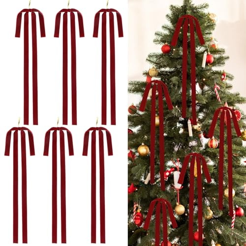 6 Pcs Burgundy Velvet Ribbons Bows for Christmas Tree Decorations Gifts Bow | 23.6x15.7 Inch Large Christmas Bows, Vintage Ribbons Bow, Xmas Tree Ornaments, Gift Wrapping, Staircase Wreath Party Decor