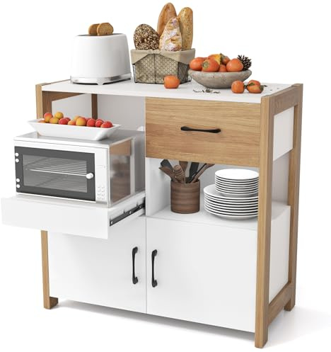 GIANTEX Aparador de Cocina para Microondas, Armario de Buffet con 2 Puertas, Cajón, Bandeja Extraíble y Compartimento Abierto, 82x40x81cm, Mueble Auxiliar para Comedor, Salón, Bar