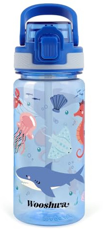 wooshwa Borraccia Bambini con Cannuccia 480ml, Borraccia Bambino Bambina a Prova di Perdite con Maniglia Senza BPA, per Viaggi Sport Scolastici - Animali Marini Blu